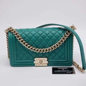 100% Authentic CHANEL Boy Green Leather Shoulder Bag 2650-080524