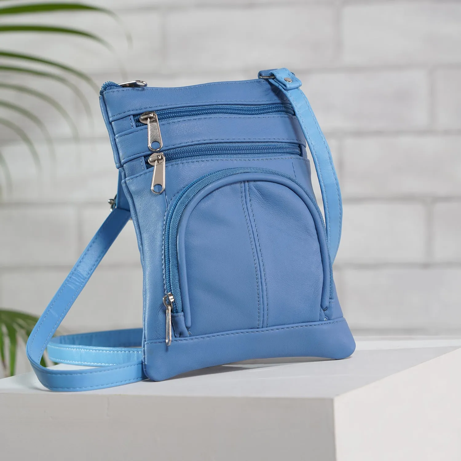 100% Genuine Leather Crossbody Messenger RFID Protected Bag in LIGHT BLUE