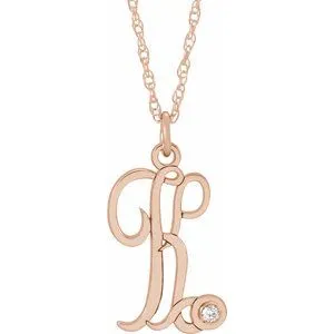 14K Rose .02 CT Diamond Script Initial K 16-18" Necklace