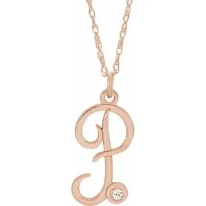 14K Rose .02 CT Diamond Script Initial P 16-18" Necklace