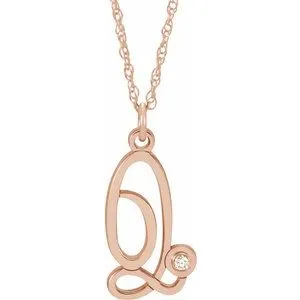 14K Rose .02 CT Diamond Script Initial Q 16-18" Necklace