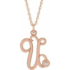 14K Rose .02 CT Diamond Script Initial U 16-18" Necklace