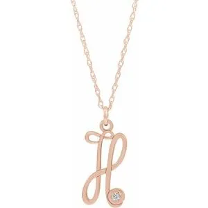 14K Rose Gold-Plated Sterling Silver .02 CT Diamond Script Initial H 16-18" Necklace