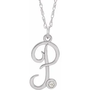14K White .02 CT Diamond Script Initial P 16-18" Necklace