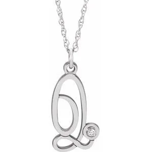 14K White .02 CT Diamond Script Initial Q 16-18" Necklace