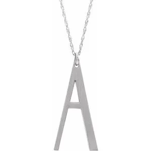 14K White Block Initial A 16-18" Necklace with Brush Finish