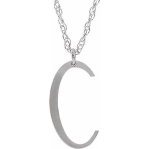 14K White Block Initial C 16-18" Necklace with Brush Finish
