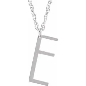 14K White Block Initial E 16-18" Necklace with Brush Finish