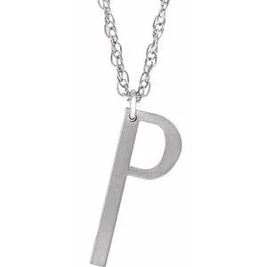 14K White Block Initial P 16-18" Necklace with Brush Finish