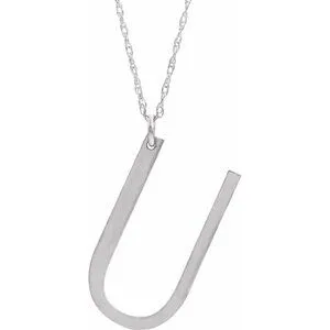 14K White Block Initial U 16-18" Necklace with Brush Finish