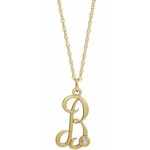 14K Yellow .02 CT Diamond Script Initial B 16-18" Necklace