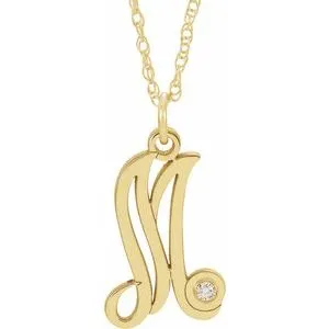 14K Yellow .02 CT Diamond Script Initial M 16-18" Necklace