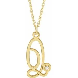 14K Yellow Gold-Plated .02 CT Diamond Script Initial Q 16-18" Necklace