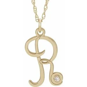14K Yellow Gold-Plated .02 CT Diamond Script Initial R 16-18" Necklace