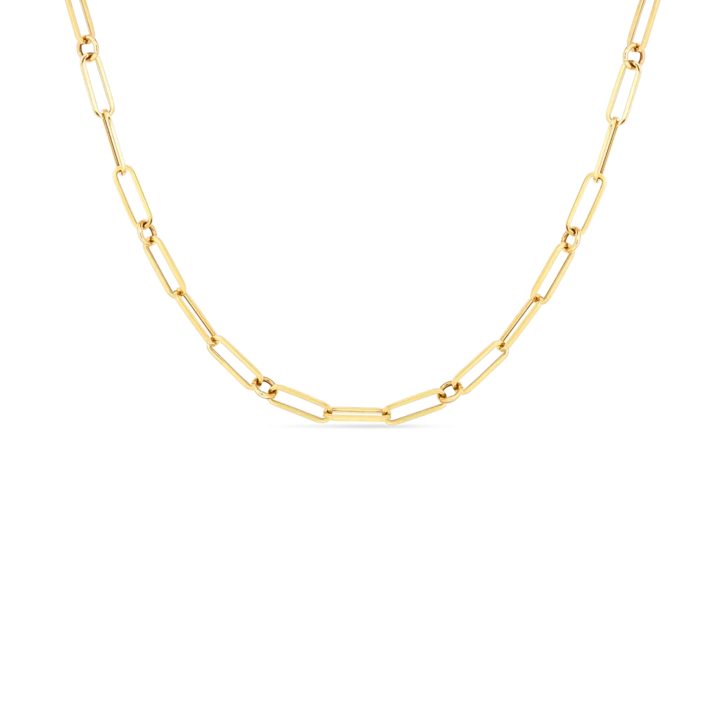 18K DESIGNER GOLD PAPERCLIP & ROUND LINK 17 INCH CHAIN - 18K Yellow Gold