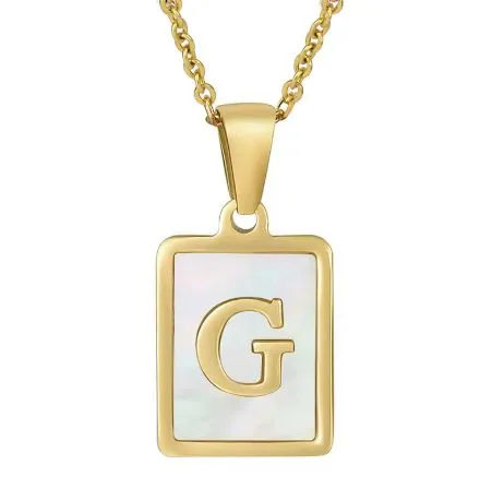 18K Gold Plated Inlaid Marble Enamel Design Stainless Steel A-Z Alphabet Rectangle Charm Necklaces