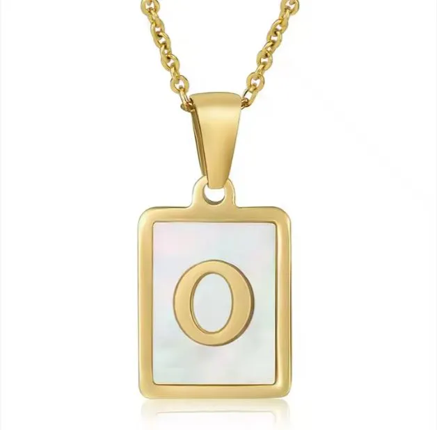 18K Gold Plated Inlaid Marble Enamel Design Stainless Steel A-Z Alphabet Rectangle Charm Necklaces