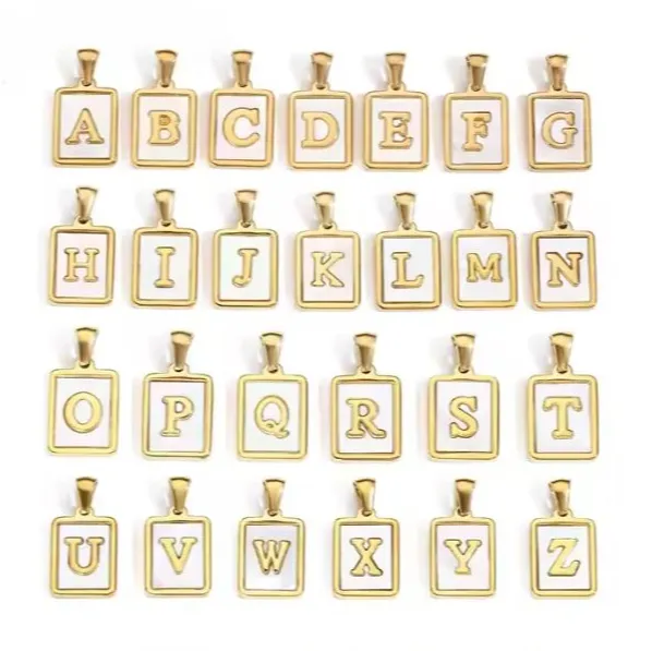 18K Gold Plated Inlaid Marble Enamel Design Stainless Steel A-Z Alphabet Rectangle Charm Necklaces