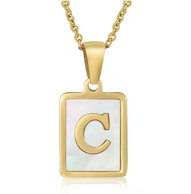 18K Gold Plated Inlaid Marble Enamel Design Stainless Steel A-Z Alphabet Rectangle Charm Necklaces