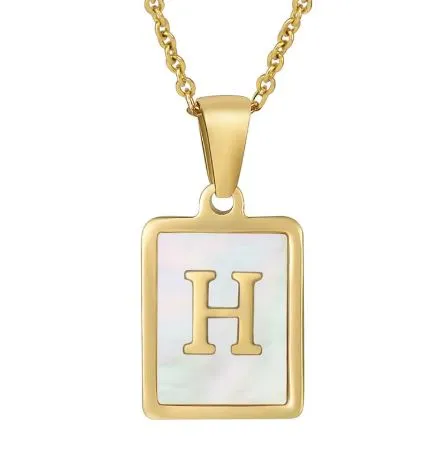 18K Gold Plated Inlaid Marble Enamel Design Stainless Steel A-Z Alphabet Rectangle Charm Necklaces