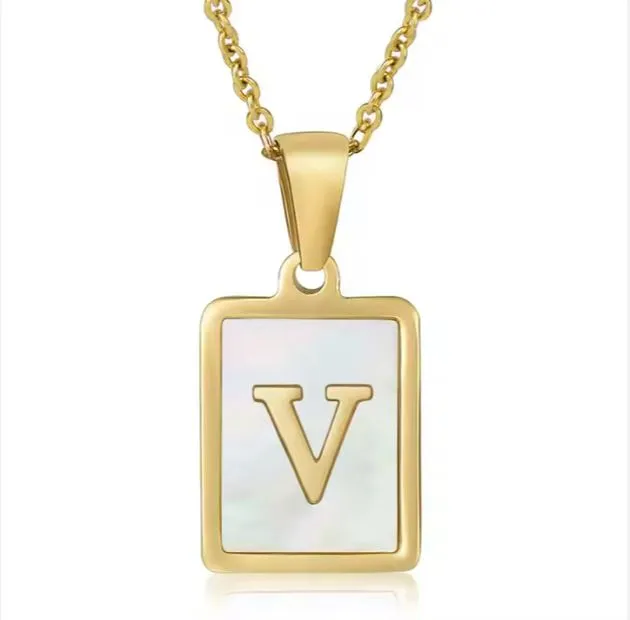18K Gold Plated Inlaid Marble Enamel Design Stainless Steel A-Z Alphabet Rectangle Charm Necklaces