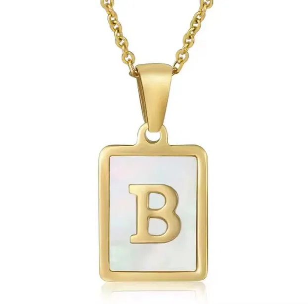 18K Gold Plated Inlaid Marble Enamel Design Stainless Steel A-Z Alphabet Rectangle Charm Necklaces