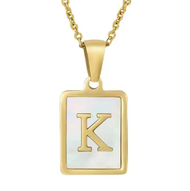 18K Gold Plated Inlaid Marble Enamel Design Stainless Steel A-Z Alphabet Rectangle Charm Necklaces