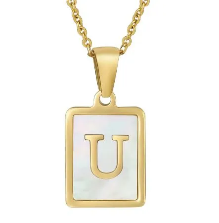 18K Gold Plated Inlaid Marble Enamel Design Stainless Steel A-Z Alphabet Rectangle Charm Necklaces