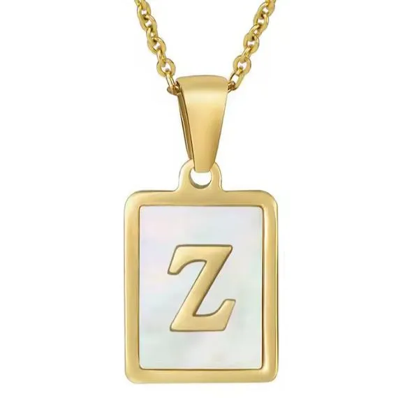 18K Gold Plated Inlaid Marble Enamel Design Stainless Steel A-Z Alphabet Rectangle Charm Necklaces