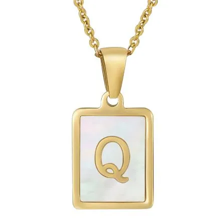 18K Gold Plated Inlaid Marble Enamel Design Stainless Steel A-Z Alphabet Rectangle Charm Necklaces
