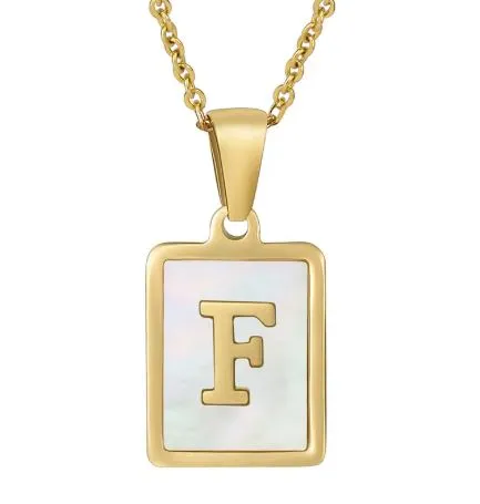 18K Gold Plated Inlaid Marble Enamel Design Stainless Steel A-Z Alphabet Rectangle Charm Necklaces