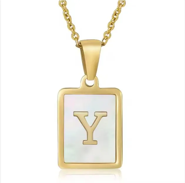 18K Gold Plated Inlaid Marble Enamel Design Stainless Steel A-Z Alphabet Rectangle Charm Necklaces