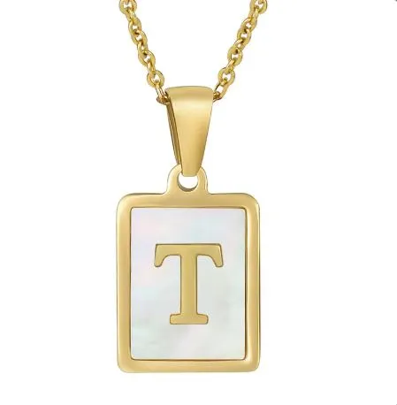 18K Gold Plated Inlaid Marble Enamel Design Stainless Steel A-Z Alphabet Rectangle Charm Necklaces