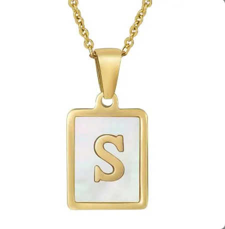 18K Gold Plated Inlaid Marble Enamel Design Stainless Steel A-Z Alphabet Rectangle Charm Necklaces