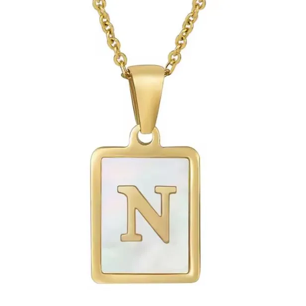 18K Gold Plated Inlaid Marble Enamel Design Stainless Steel A-Z Alphabet Rectangle Charm Necklaces