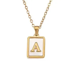 18K Gold Plated Inlaid Marble Enamel Design Stainless Steel A-Z Alphabet Rectangle Charm Necklaces