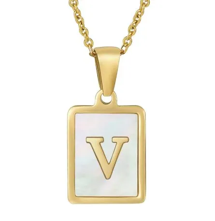 18K Gold Plated Inlaid Marble Enamel Design Stainless Steel A-Z Alphabet Rectangle Charm Necklaces
