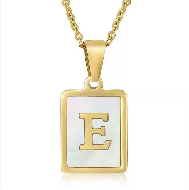 18K Gold Plated Inlaid Marble Enamel Design Stainless Steel A-Z Alphabet Rectangle Charm Necklaces