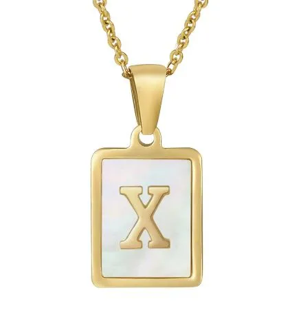 18K Gold Plated Inlaid Marble Enamel Design Stainless Steel A-Z Alphabet Rectangle Charm Necklaces