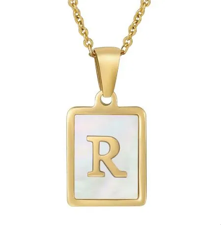 18K Gold Plated Inlaid Marble Enamel Design Stainless Steel A-Z Alphabet Rectangle Charm Necklaces