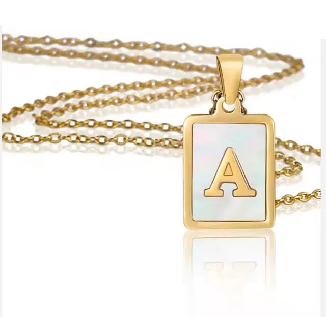 18K Gold Plated Inlaid Marble Enamel Design Stainless Steel A-Z Alphabet Rectangle Charm Necklaces
