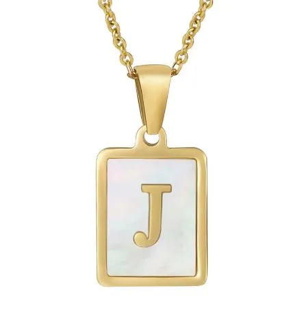 18K Gold Plated Inlaid Marble Enamel Design Stainless Steel A-Z Alphabet Rectangle Charm Necklaces