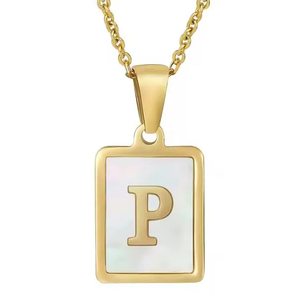 18K Gold Plated Inlaid Marble Enamel Design Stainless Steel A-Z Alphabet Rectangle Charm Necklaces