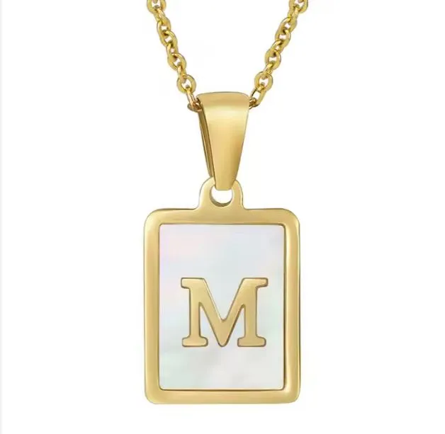 18K Gold Plated Inlaid Marble Enamel Design Stainless Steel A-Z Alphabet Rectangle Charm Necklaces