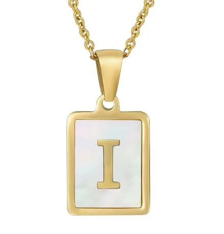 18K Gold Plated Inlaid Marble Enamel Design Stainless Steel A-Z Alphabet Rectangle Charm Necklaces