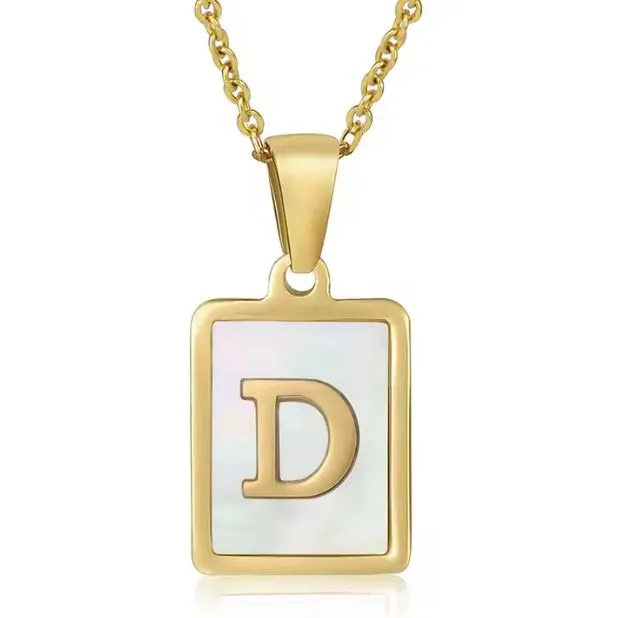 18K Gold Plated Inlaid Marble Enamel Design Stainless Steel A-Z Alphabet Rectangle Charm Necklaces