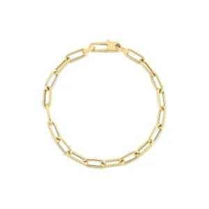 18K YELLOW DESIGNER GOLD ALTERNATING POLISHED AND FLUTED PAPERCLIP LINK BRACELET
