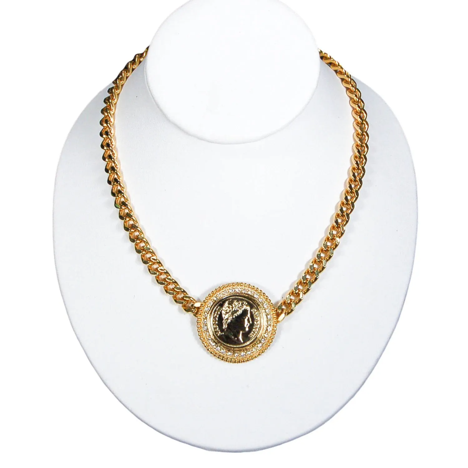 1980's Rhinestone French Coin Statement Necklace