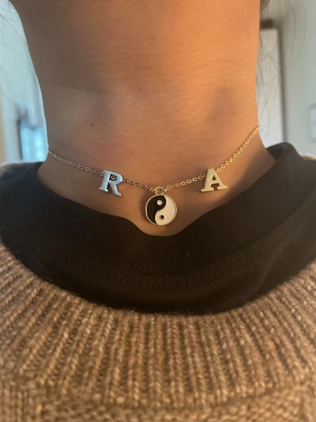2 Initial Letter Necklace with Yin Yang Charm Gold-Silver Chain