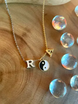 2 Initial Letter Necklace with Yin Yang Charm Gold-Silver Chain